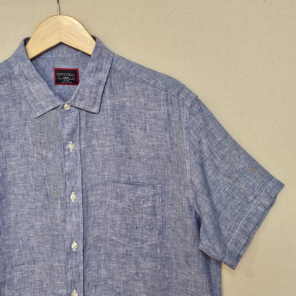 UNTUCKit Wrinkle Resistant Short Sleeve Linen Slim Fit Button Down L